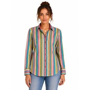 Jones New York Multicolor Striped Button Up 100% Cotton Women M Summer Classic